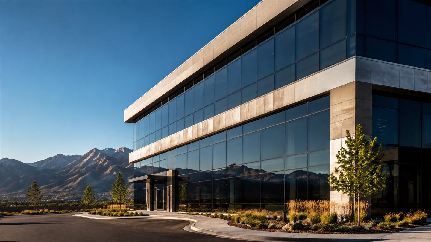 Illustrative commercial building with sunlit glass windows