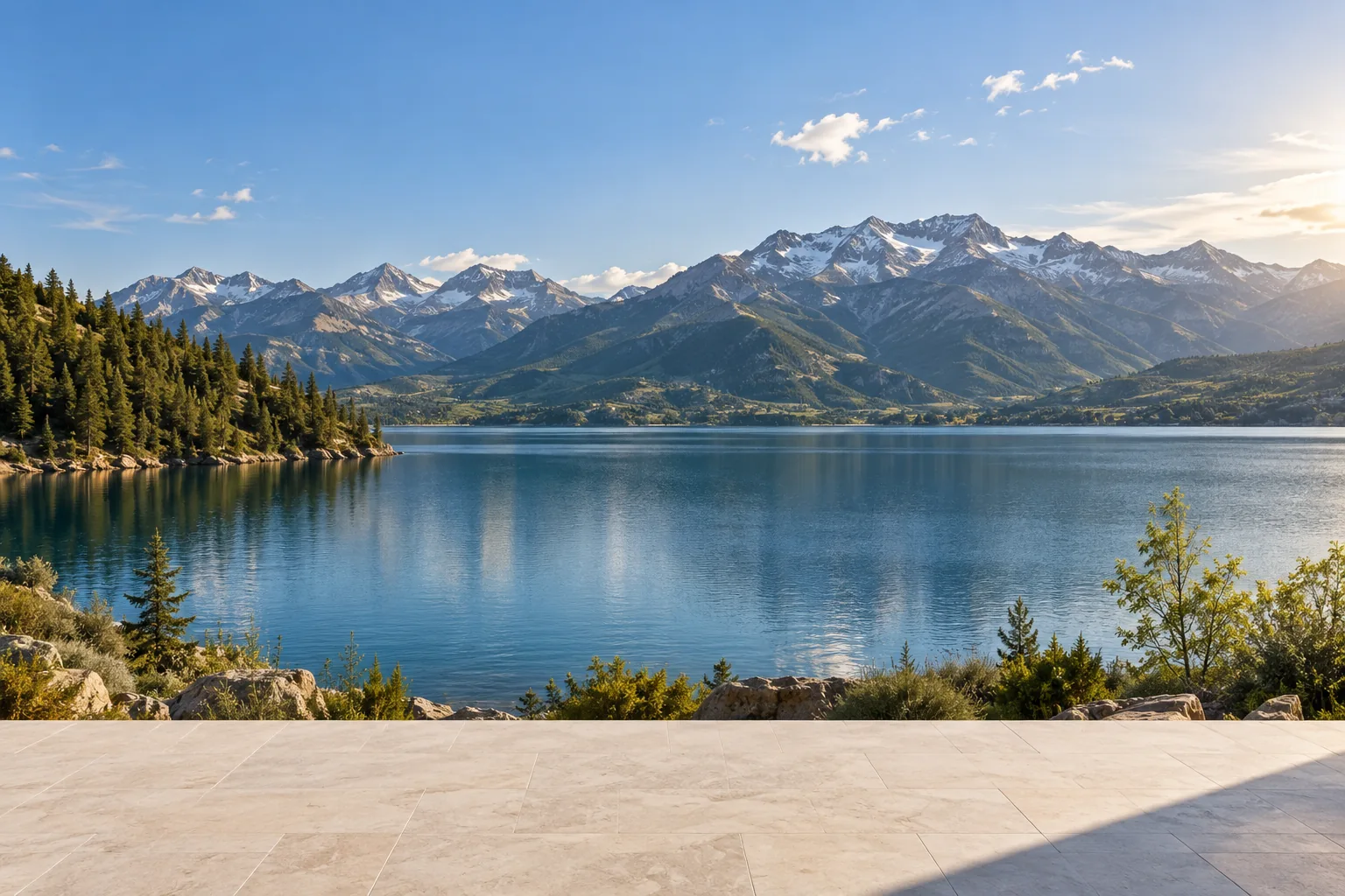 A photorealistic Utah-inspired mountain lake viewed from a terrace